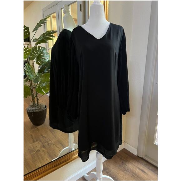 Sam Edelman Chic Whimsygoth Black Shift Dress w/ Sheer Pleated Sleeves Sz 10 - Picture 1 of 7